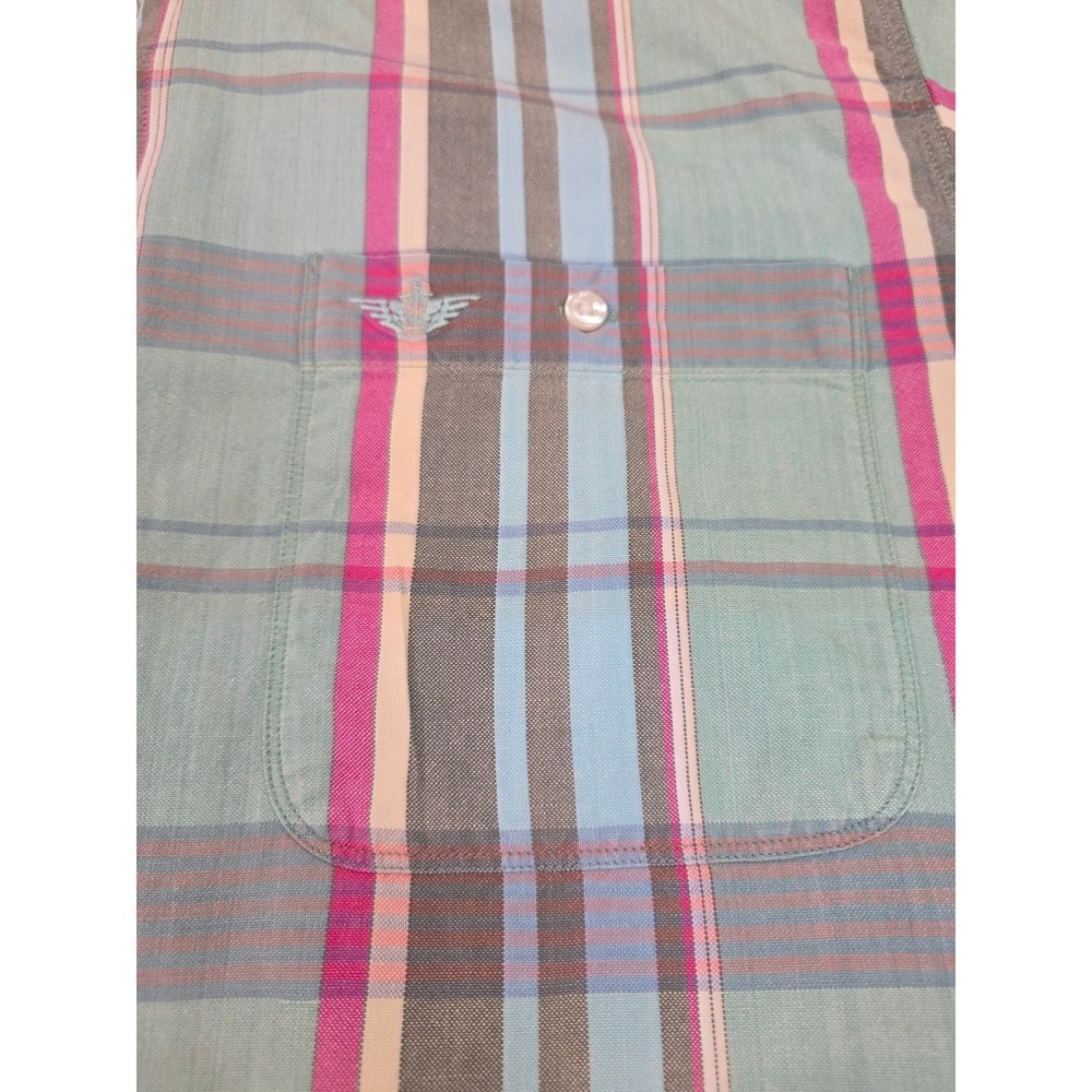 Dockers Mens Large Short Sleeve Plaid Button Down Shirt Cotton Teal Pink Blue - Picture 6 of 10
